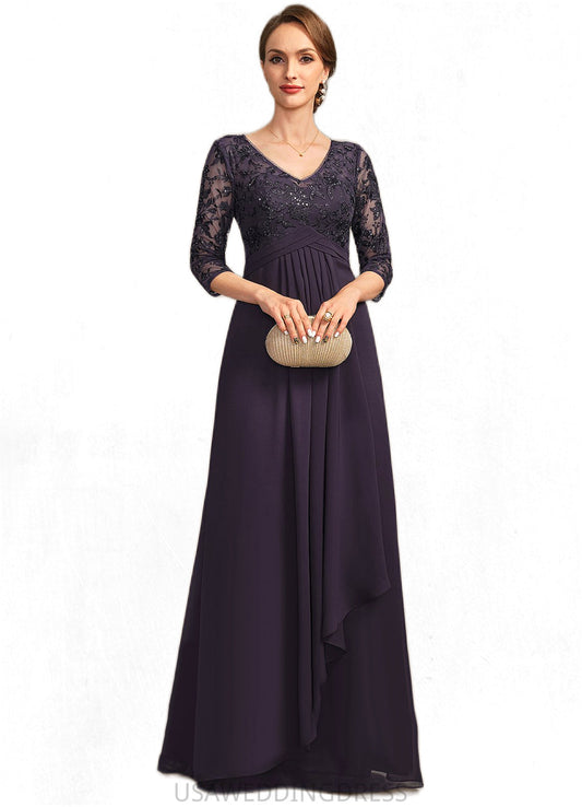 Frederica A-line V-Neck Floor-Length Chiffon Lace Mother of the Bride Dress With Cascading Ruffles Sequins DS126P0021796