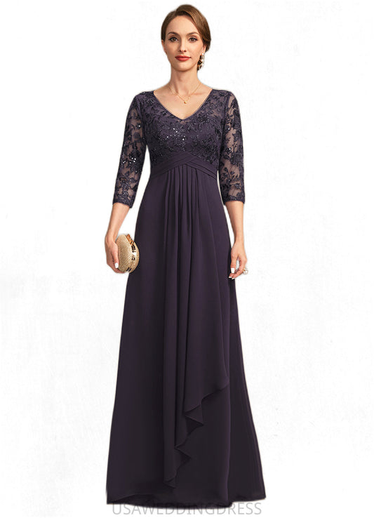 Frederica A-line V-Neck Floor-Length Chiffon Lace Mother of the Bride Dress With Cascading Ruffles Sequins DS126P0021796