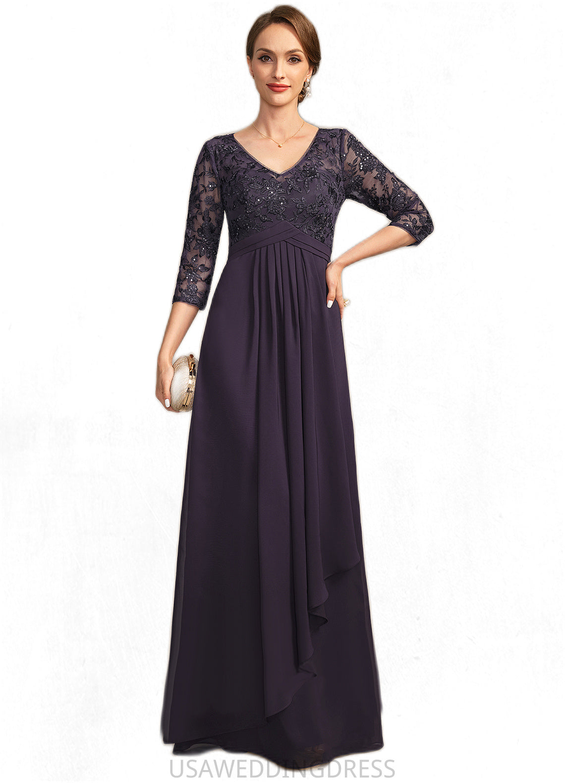 Frederica A-line V-Neck Floor-Length Chiffon Lace Mother of the Bride Dress With Cascading Ruffles Sequins DS126P0021796