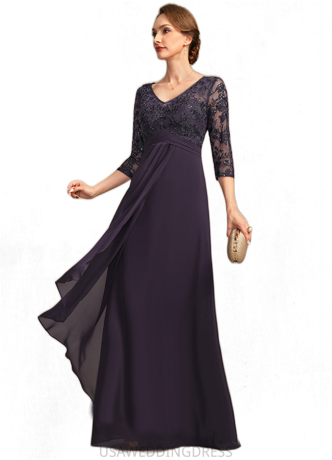Frederica A-line V-Neck Floor-Length Chiffon Lace Mother of the Bride Dress With Cascading Ruffles Sequins DS126P0021796