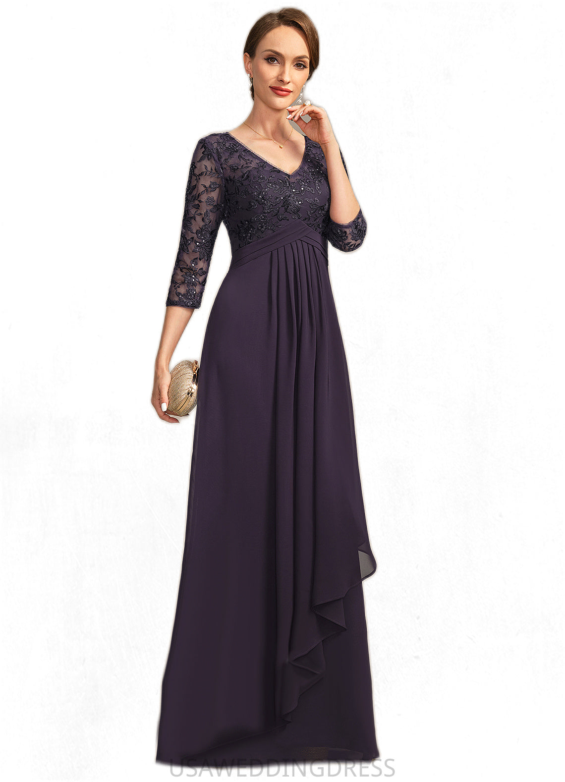 Frederica A-line V-Neck Floor-Length Chiffon Lace Mother of the Bride Dress With Cascading Ruffles Sequins DS126P0021796