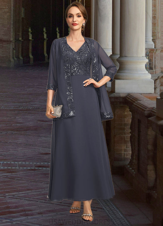 Rebecca A-line V-Neck Ankle-Length Chiffon Lace Sequin Mother of the Bride Dress DS126P0021798