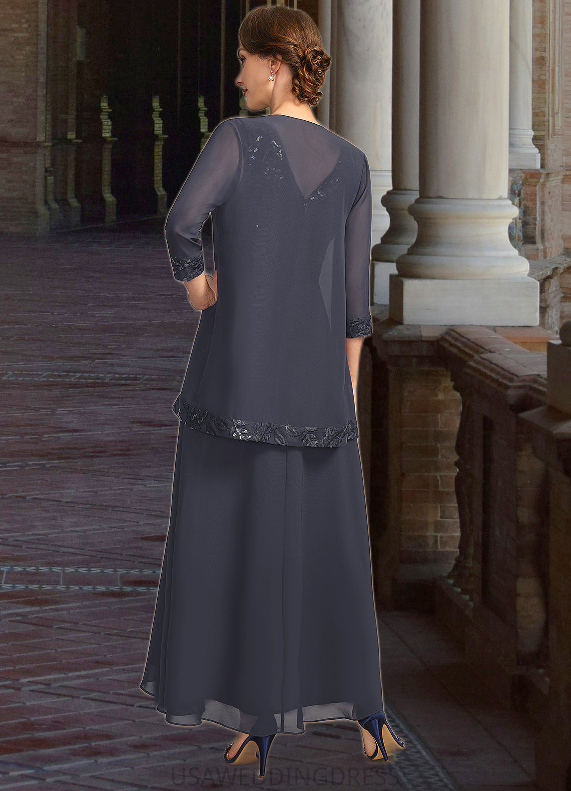 Rebecca A-line V-Neck Ankle-Length Chiffon Lace Sequin Mother of the Bride Dress DS126P0021798