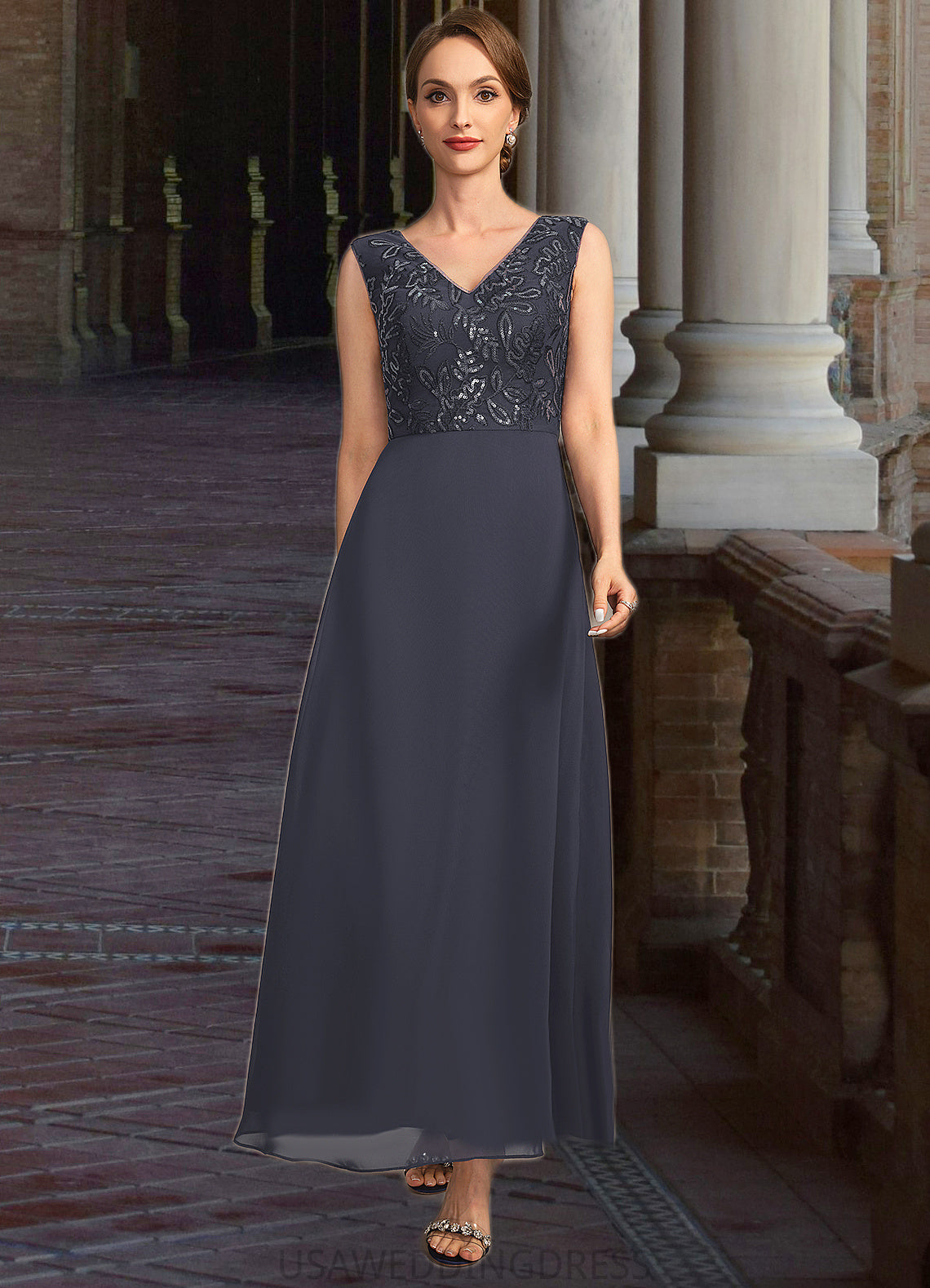 Rebecca A-line V-Neck Ankle-Length Chiffon Lace Sequin Mother of the Bride Dress DS126P0021798