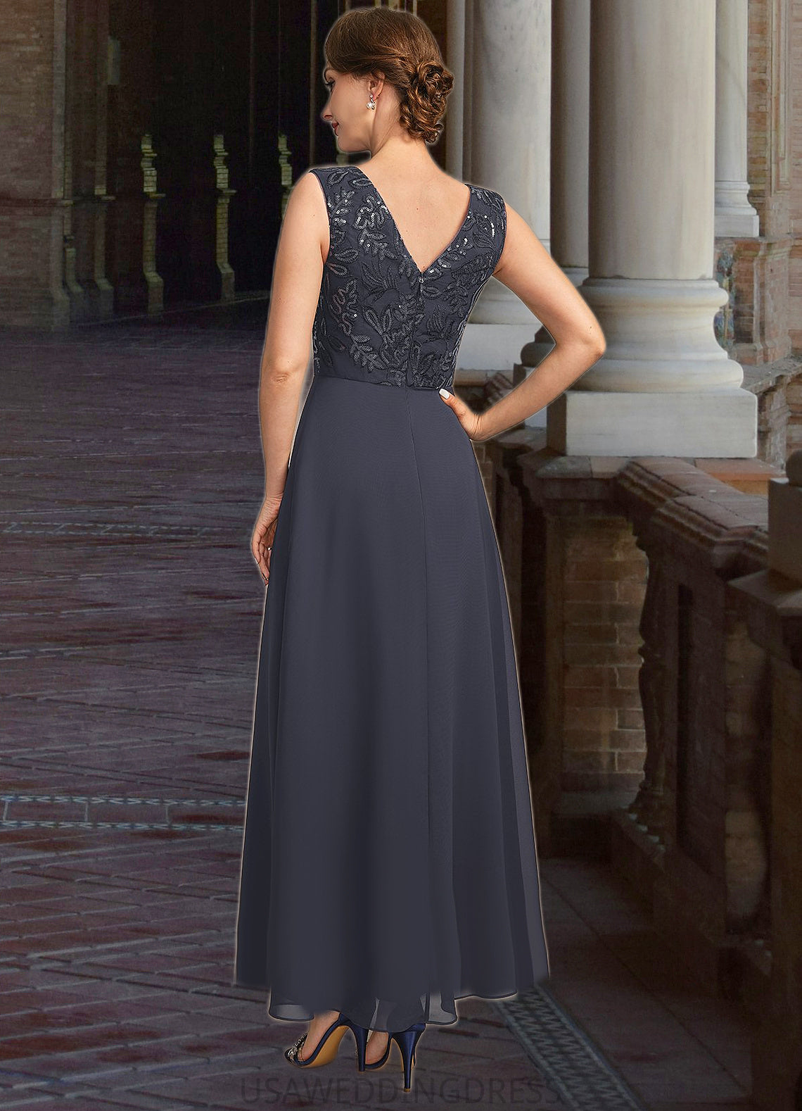 Rebecca A-line V-Neck Ankle-Length Chiffon Lace Sequin Mother of the Bride Dress DS126P0021798