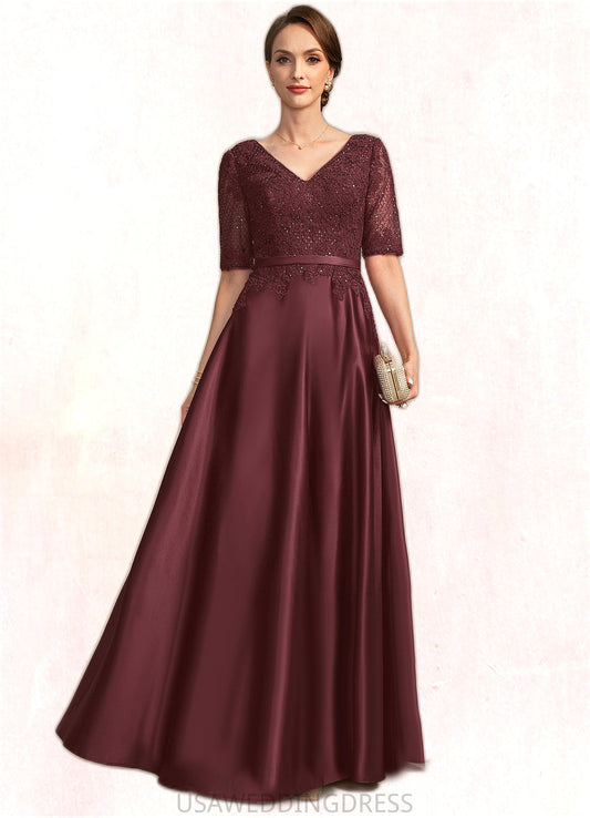 Anika A-line V-Neck Floor-Length Lace Satin Mother of the Bride Dress With Sequins DS126P0021803