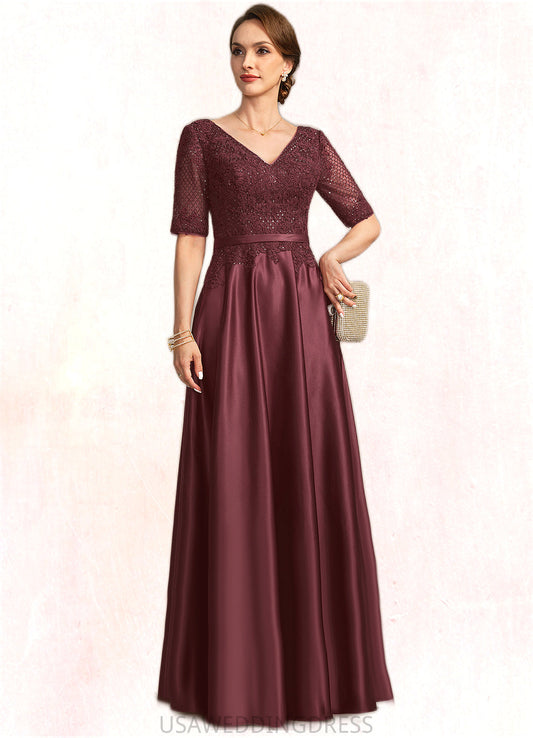 Anika A-line V-Neck Floor-Length Lace Satin Mother of the Bride Dress With Sequins DS126P0021803