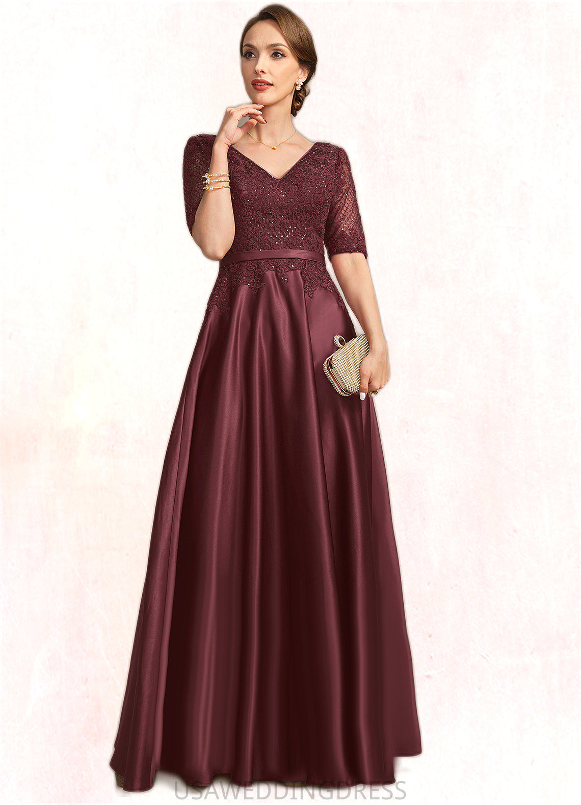 Anika A-line V-Neck Floor-Length Lace Satin Mother of the Bride Dress With Sequins DS126P0021803