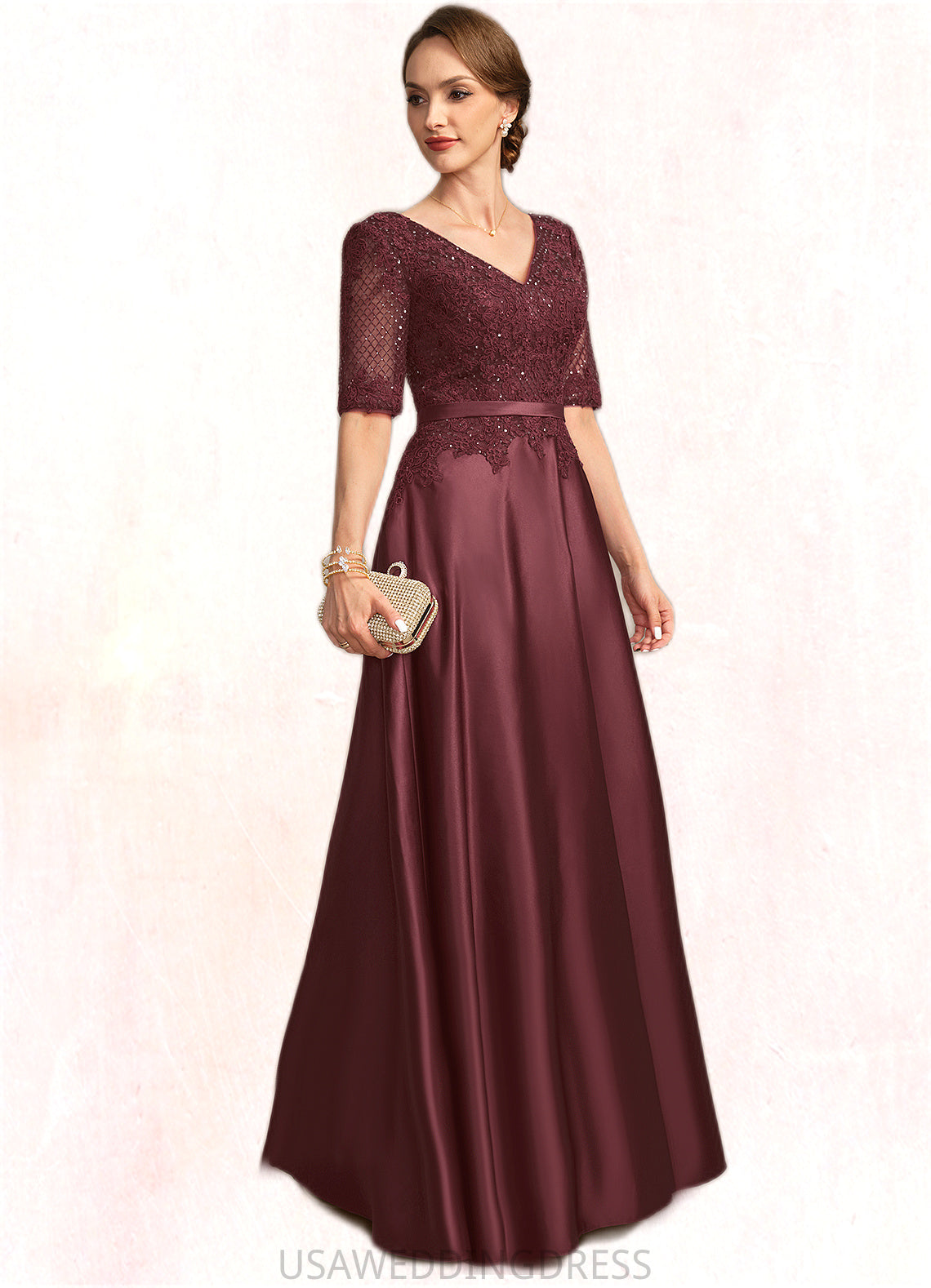 Anika A-line V-Neck Floor-Length Lace Satin Mother of the Bride Dress With Sequins DS126P0021803