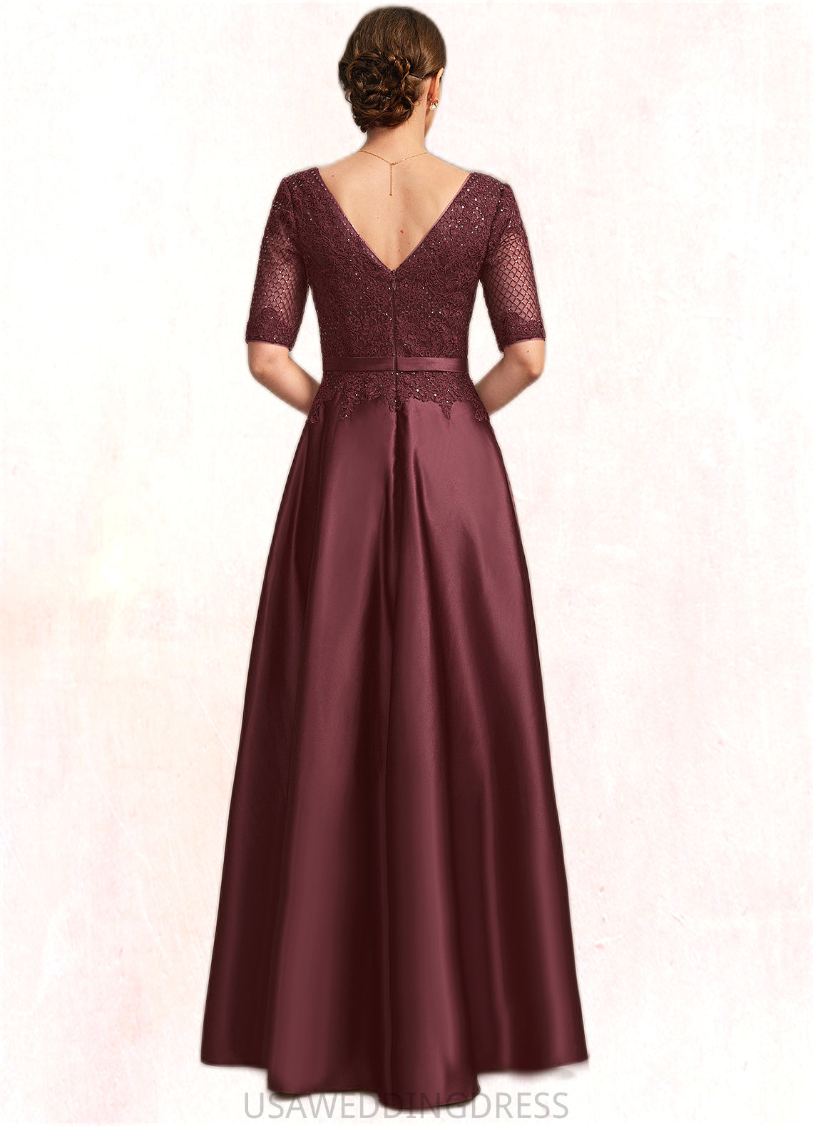 Anika A-line V-Neck Floor-Length Lace Satin Mother of the Bride Dress With Sequins DS126P0021803