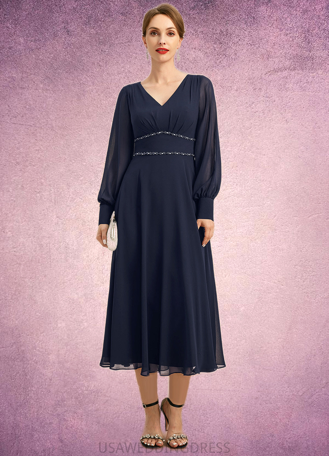 Eliana A-line V-Neck Tea-Length Chiffon Mother of the Bride Dress With Beading Pleated DS126P0021804