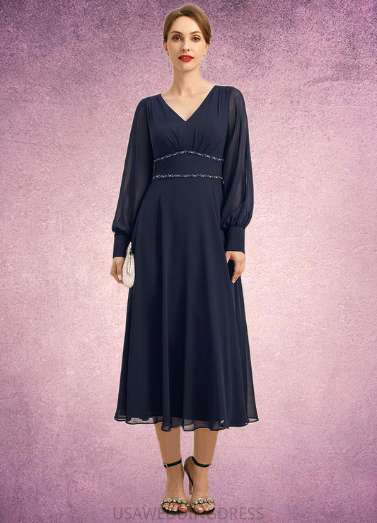 Eliana A-line V-Neck Tea-Length Chiffon Mother of the Bride Dress With Beading Pleated DS126P0021804