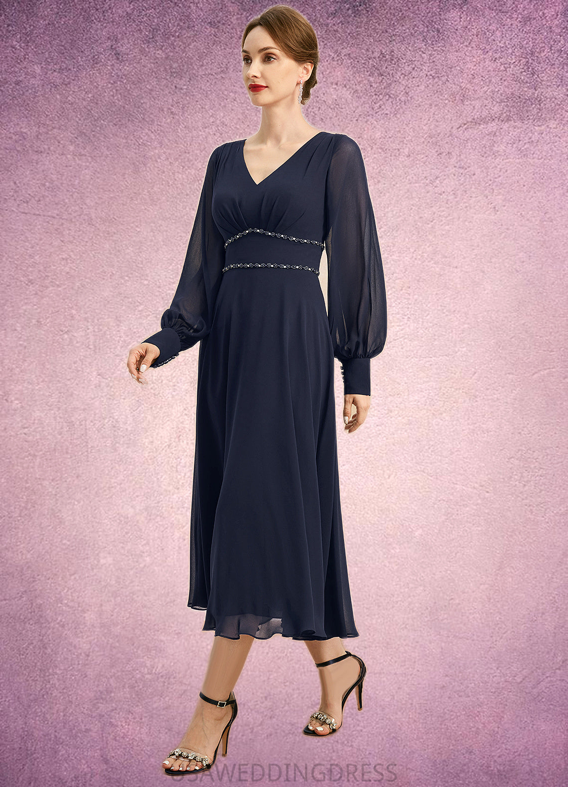 Eliana A-line V-Neck Tea-Length Chiffon Mother of the Bride Dress With Beading Pleated DS126P0021804