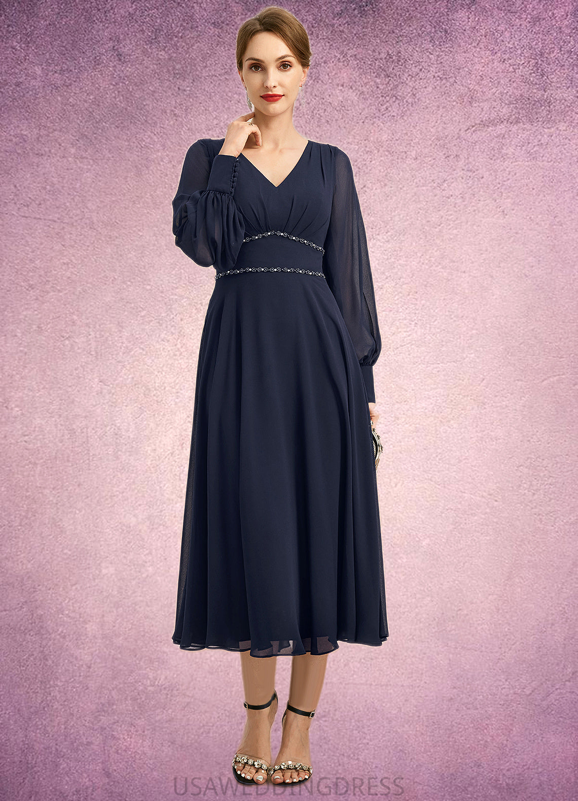 Eliana A-line V-Neck Tea-Length Chiffon Mother of the Bride Dress With Beading Pleated DS126P0021804