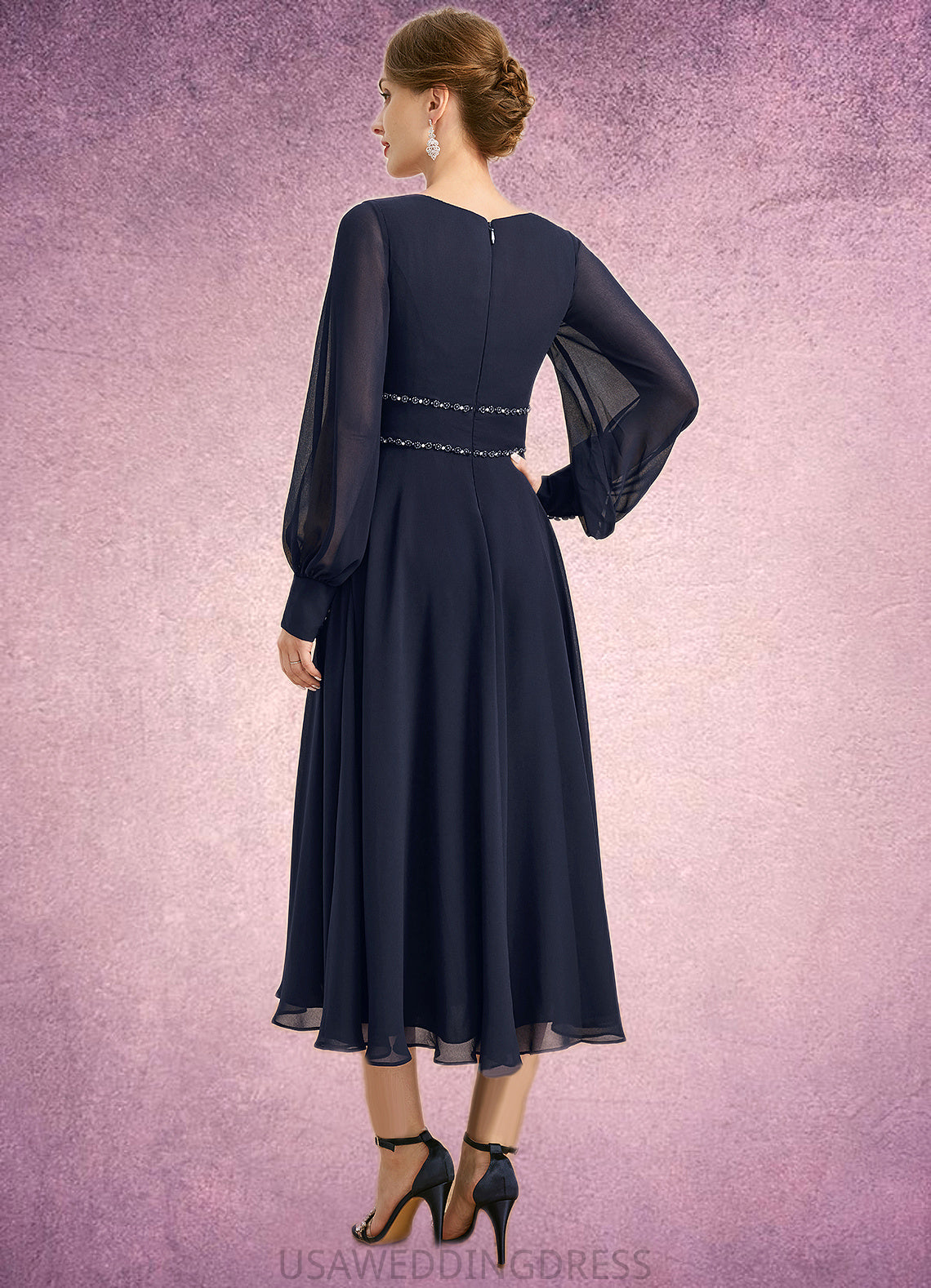 Eliana A-line V-Neck Tea-Length Chiffon Mother of the Bride Dress With Beading Pleated DS126P0021804