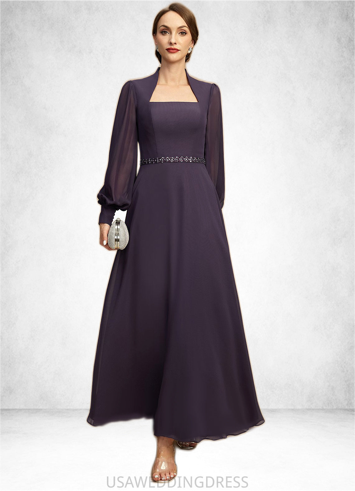 Lily A-line Queen Anne Ankle-Length Chiffon Mother of the Bride Dress With Beading Sequins DS126P0021805