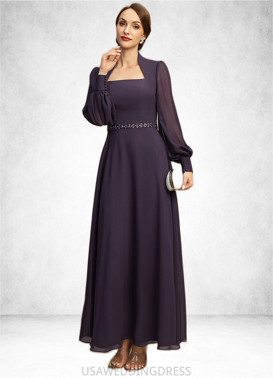 Lily A-line Queen Anne Ankle-Length Chiffon Mother of the Bride Dress With Beading Sequins DS126P0021805