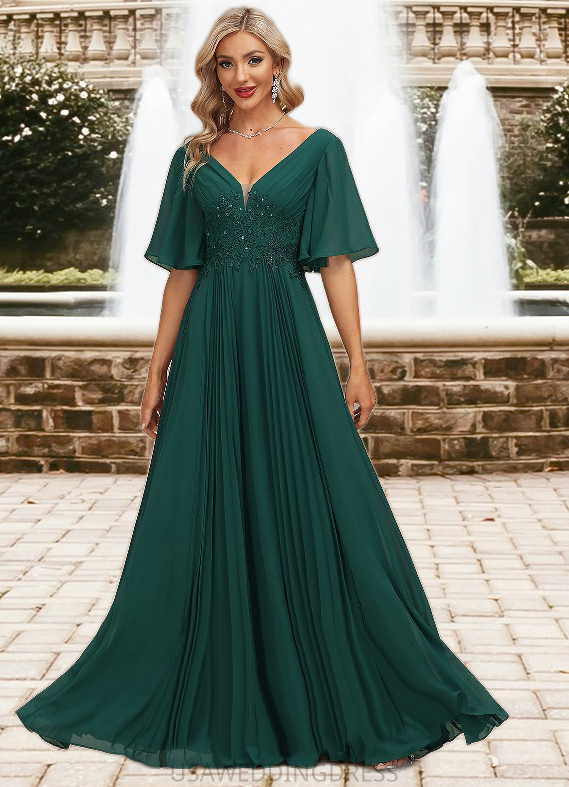 Aubrie A-line V-Neck Floor-Length Chiffon Mother of the Bride Dress With Pleated Appliques Lace Sequins DS126P0021807