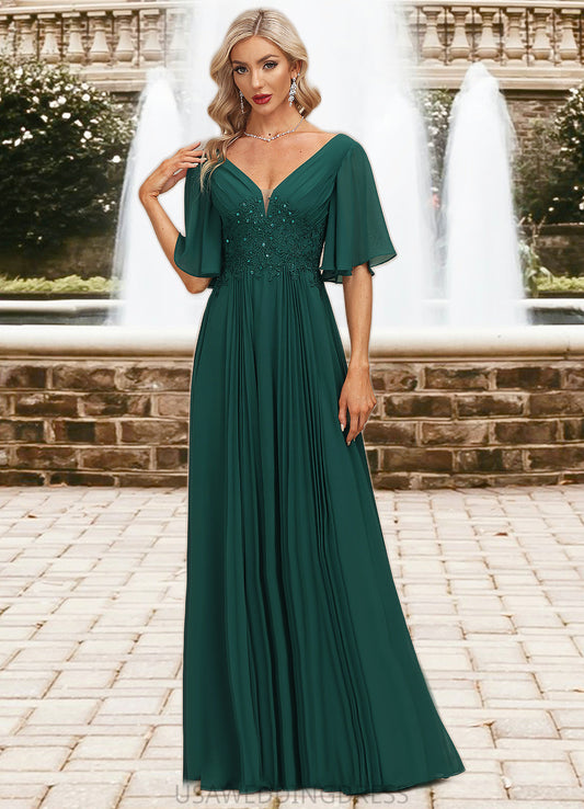 Aubrie A-line V-Neck Floor-Length Chiffon Mother of the Bride Dress With Pleated Appliques Lace Sequins DS126P0021807