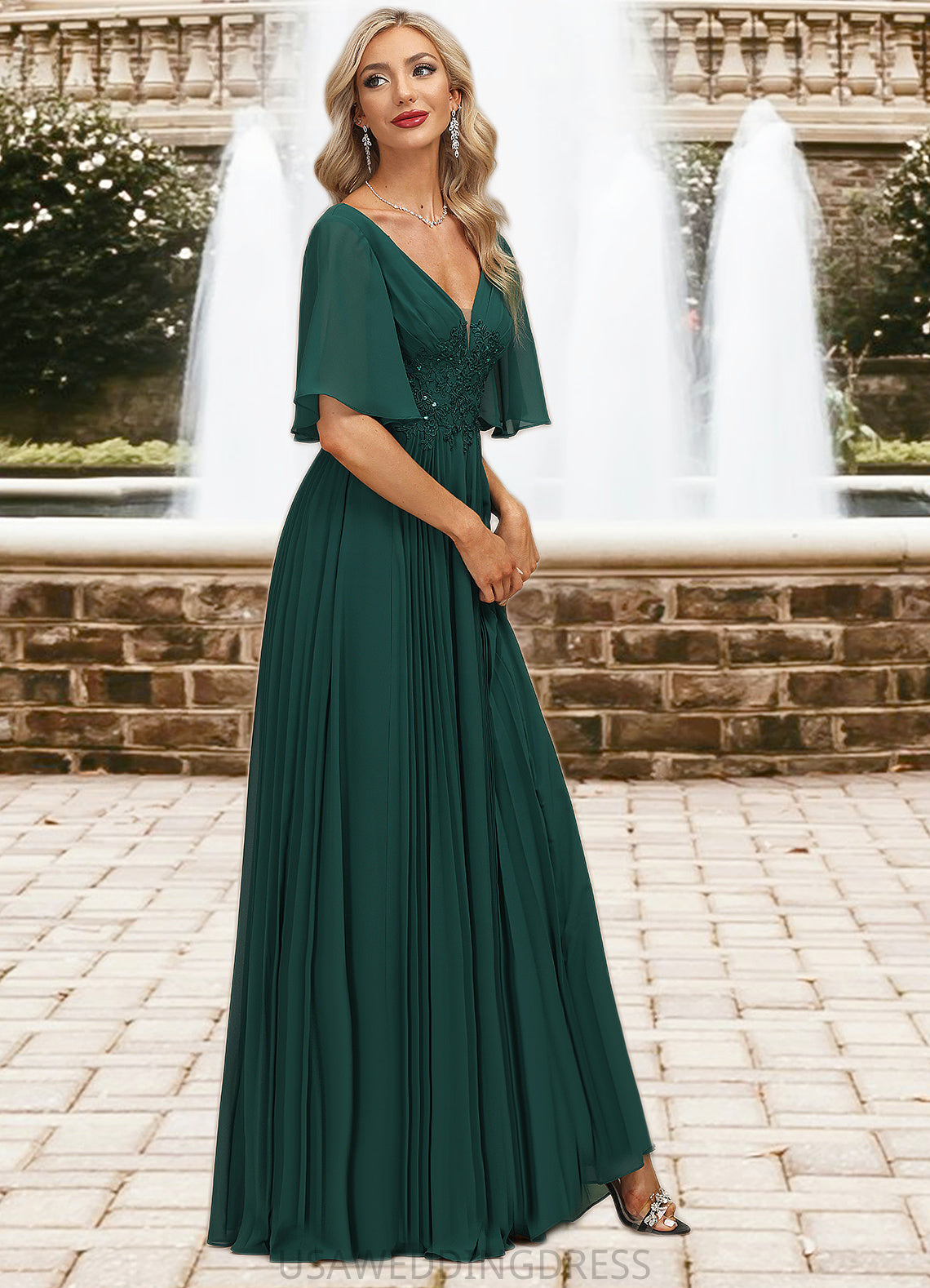 Aubrie A-line V-Neck Floor-Length Chiffon Mother of the Bride Dress With Pleated Appliques Lace Sequins DS126P0021807