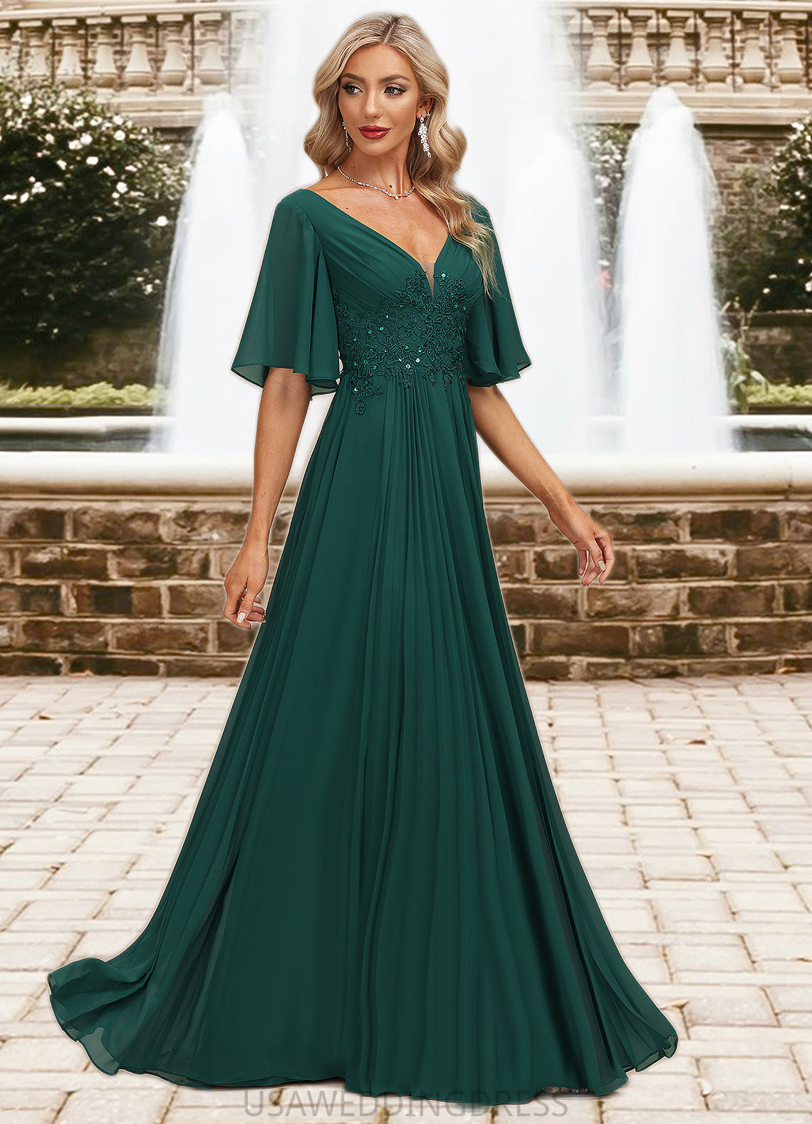 Aubrie A-line V-Neck Floor-Length Chiffon Mother of the Bride Dress With Pleated Appliques Lace Sequins DS126P0021807