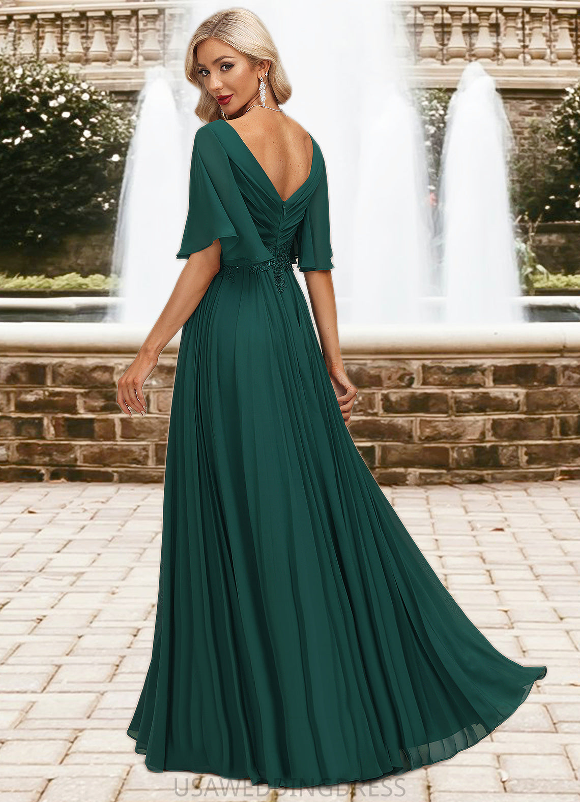 Aubrie A-line V-Neck Floor-Length Chiffon Mother of the Bride Dress With Pleated Appliques Lace Sequins DS126P0021807