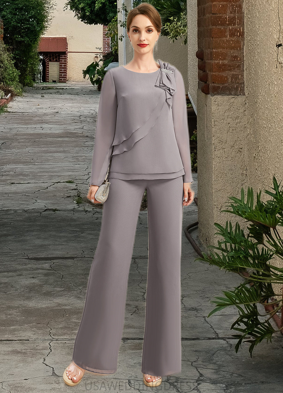 Tessa Jumpsuit/Pantsuit Separates Scoop Floor-Length Chiffon Mother of the Bride Dress With Bow DS126P0021808