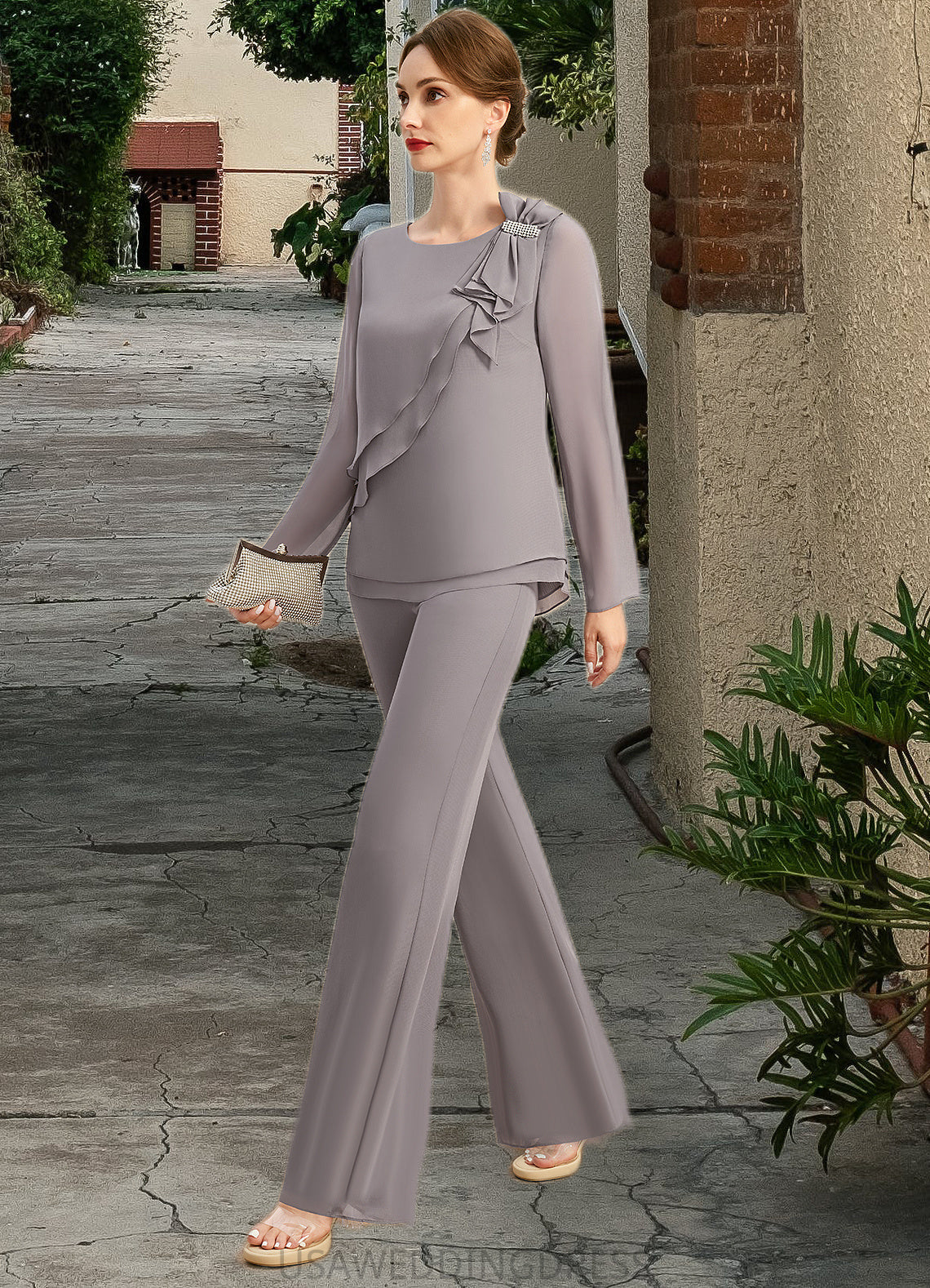 Tessa Jumpsuit/Pantsuit Separates Scoop Floor-Length Chiffon Mother of the Bride Dress With Bow DS126P0021808