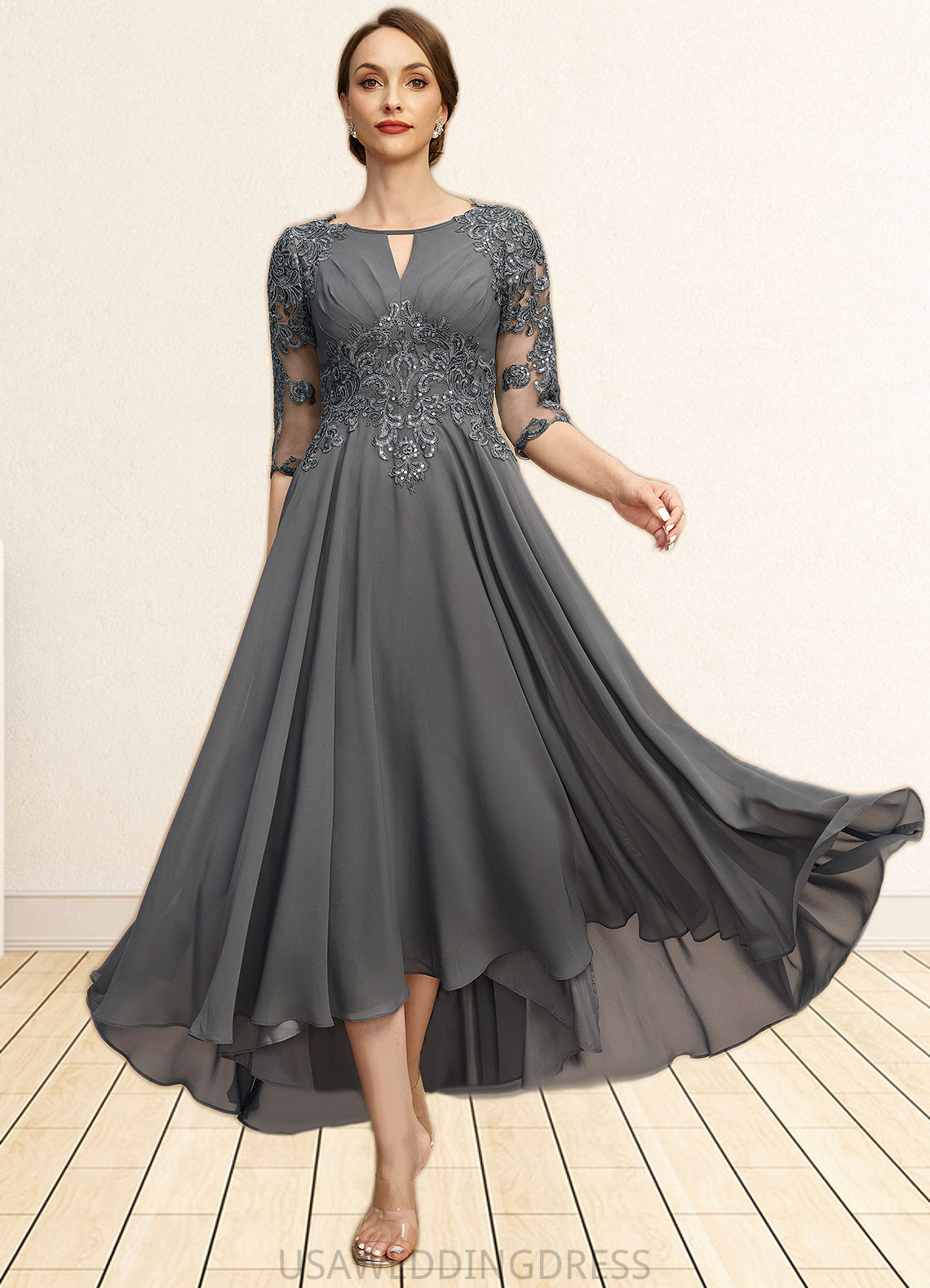 Dixie A-line Scoop Asymmetrical Chiffon Lace Mother of the Bride Dress With Pleated Sequins DS126P0021812