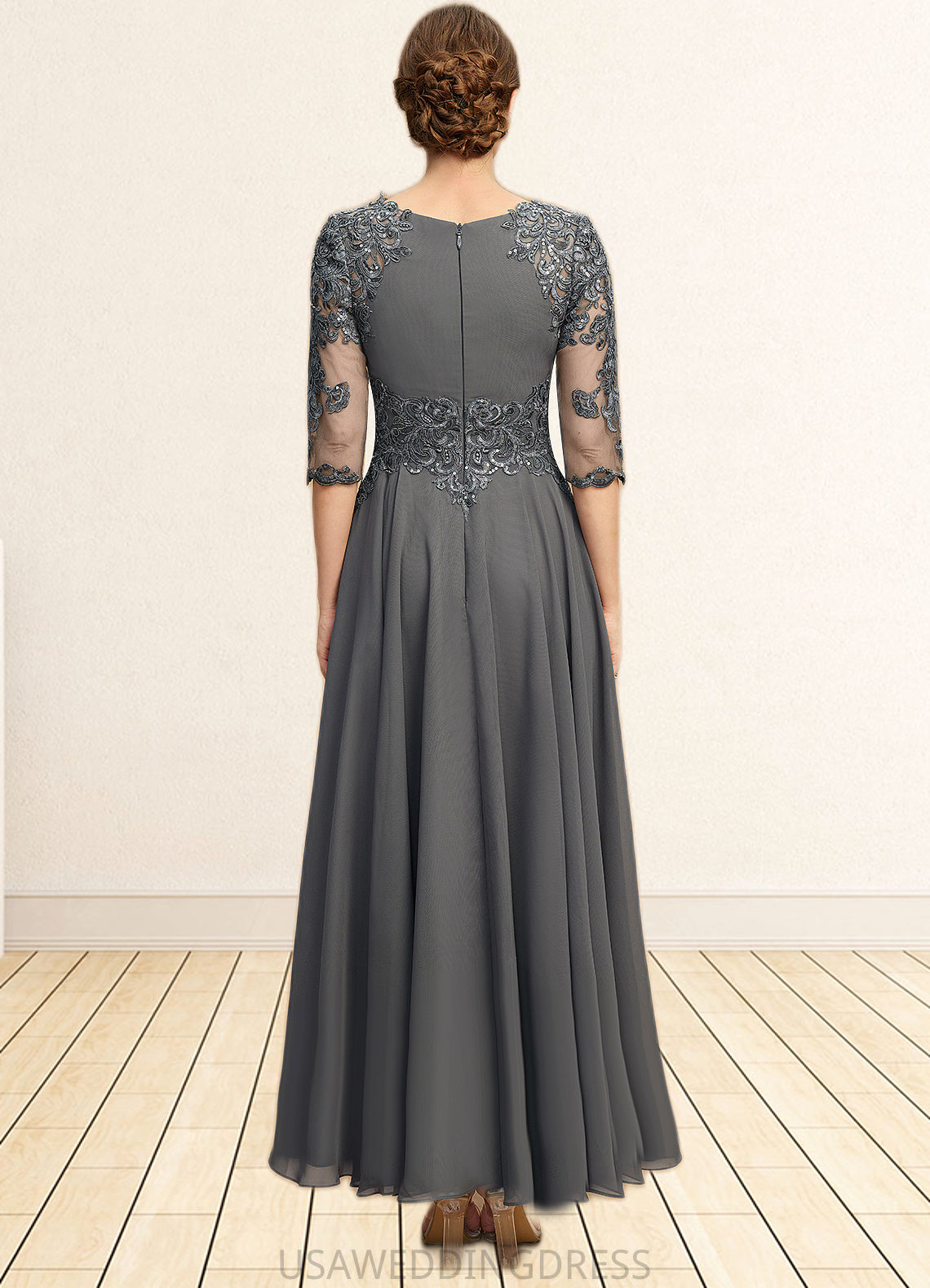 Dixie A-line Scoop Asymmetrical Chiffon Lace Mother of the Bride Dress With Pleated Sequins DS126P0021812