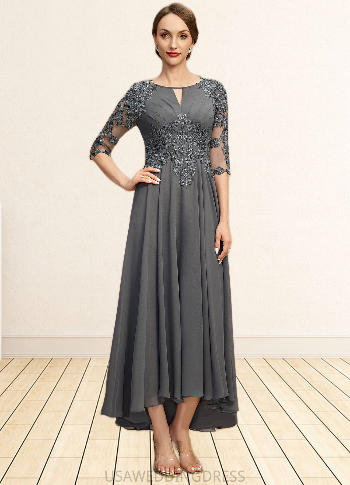 Dixie A-line Scoop Asymmetrical Chiffon Lace Mother of the Bride Dress With Pleated Sequins DS126P0021812