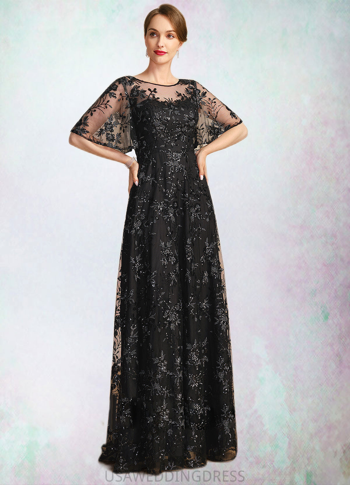 Audrina A-line Scoop Illusion Floor-Length Lace Sequin Mother of the Bride Dress DS126P0021815