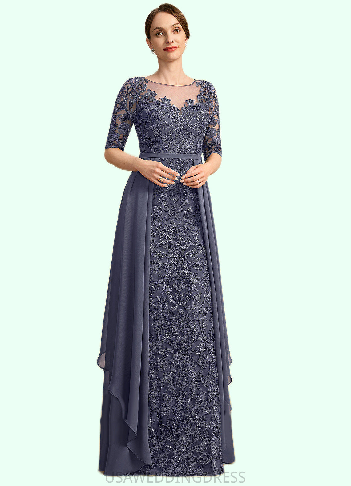 Penelope Sheath/Column Scoop Illusion Floor-Length Chiffon Lace Mother of the Bride Dress With Sequins DS126P0021818