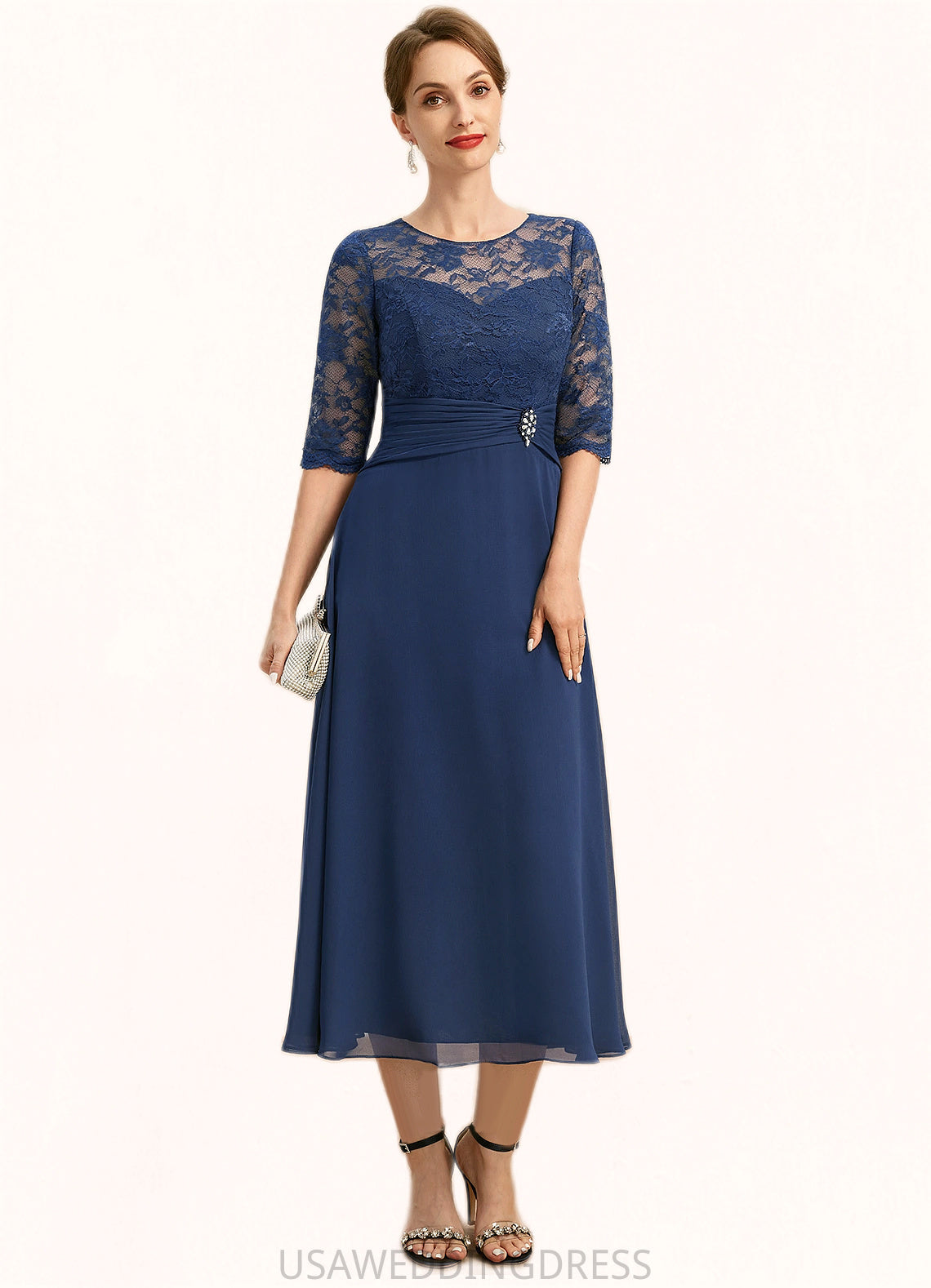 Alessandra A-line Scoop Illusion Tea-Length Chiffon Lace Mother of the Bride Dress With Beading DS126P0021826