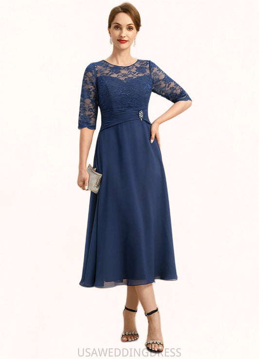 Alessandra A-line Scoop Illusion Tea-Length Chiffon Lace Mother of the Bride Dress With Beading DS126P0021826
