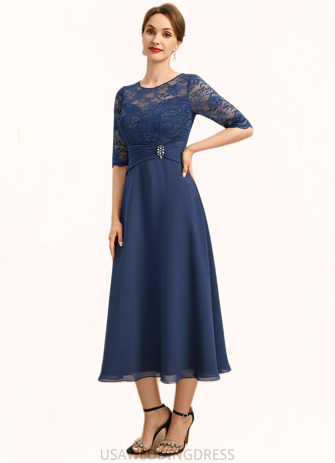Alessandra A-line Scoop Illusion Tea-Length Chiffon Lace Mother of the Bride Dress With Beading DS126P0021826