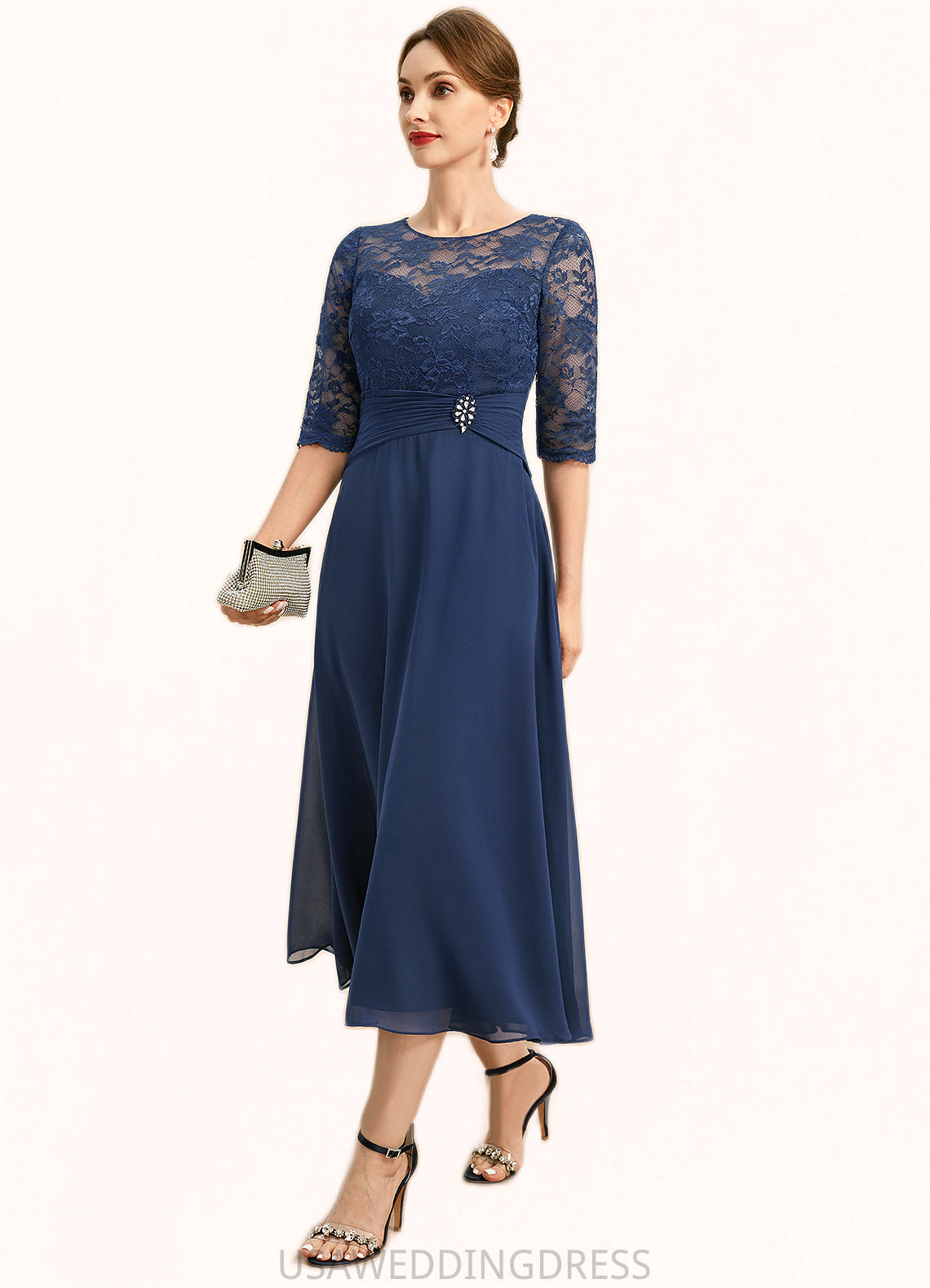 Alessandra A-line Scoop Illusion Tea-Length Chiffon Lace Mother of the Bride Dress With Beading DS126P0021826