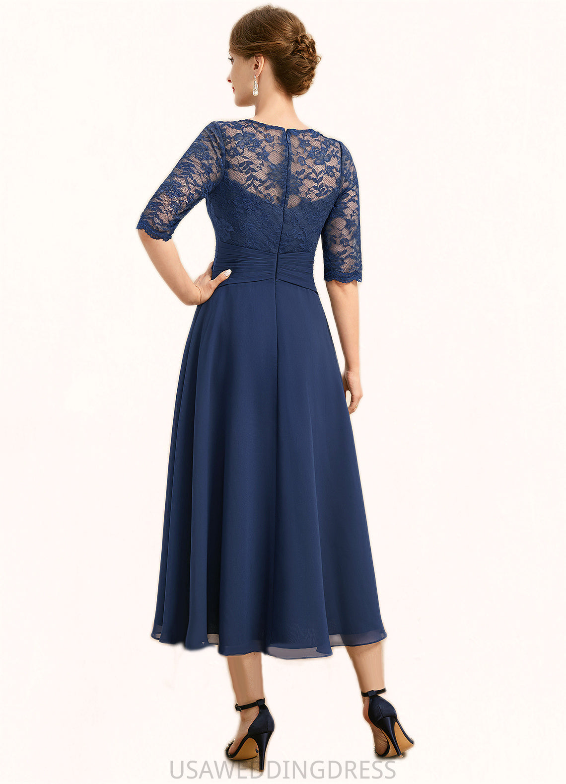 Alessandra A-line Scoop Illusion Tea-Length Chiffon Lace Mother of the Bride Dress With Beading DS126P0021826