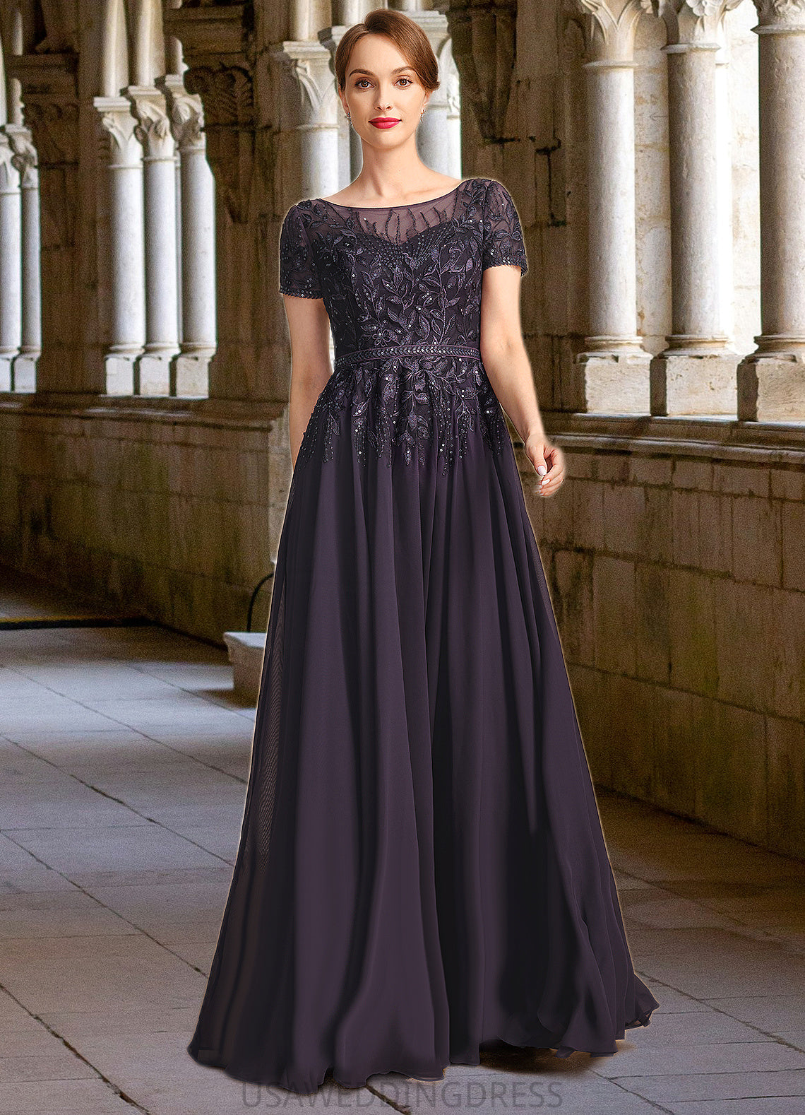 Valery A-line Scoop Illusion Floor-Length Chiffon Lace Mother of the Bride Dress With Sequins DS126P0021828