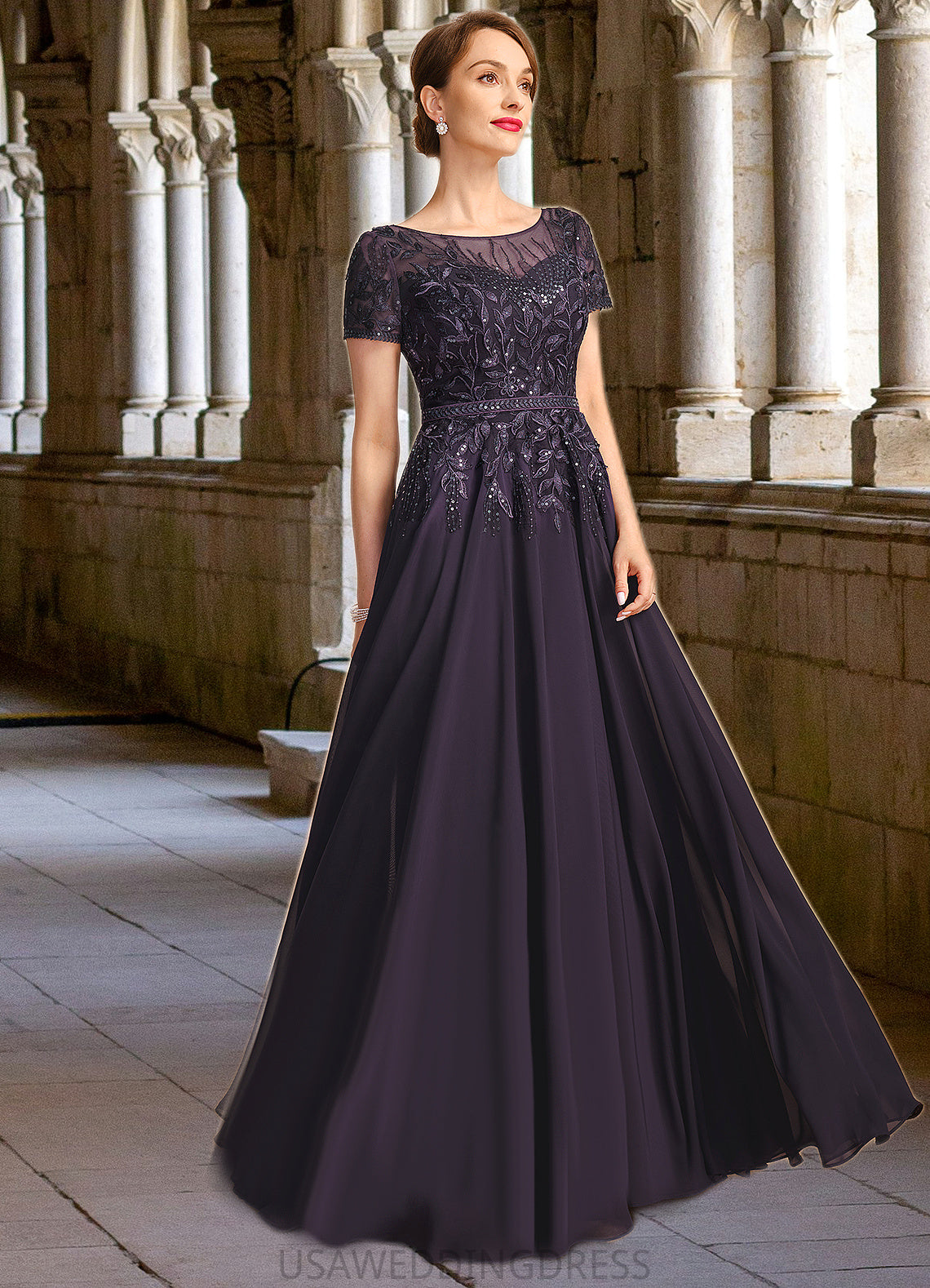 Valery A-line Scoop Illusion Floor-Length Chiffon Lace Mother of the Bride Dress With Sequins DS126P0021828