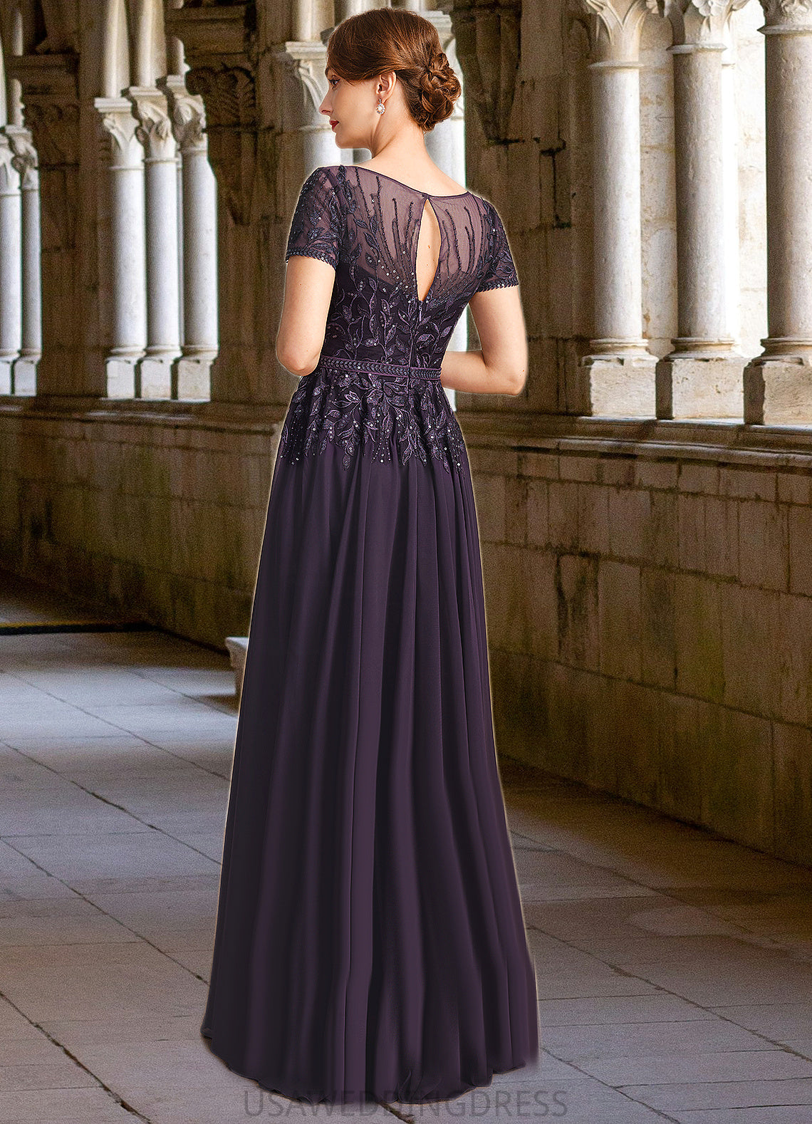 Valery A-line Scoop Illusion Floor-Length Chiffon Lace Mother of the Bride Dress With Sequins DS126P0021828