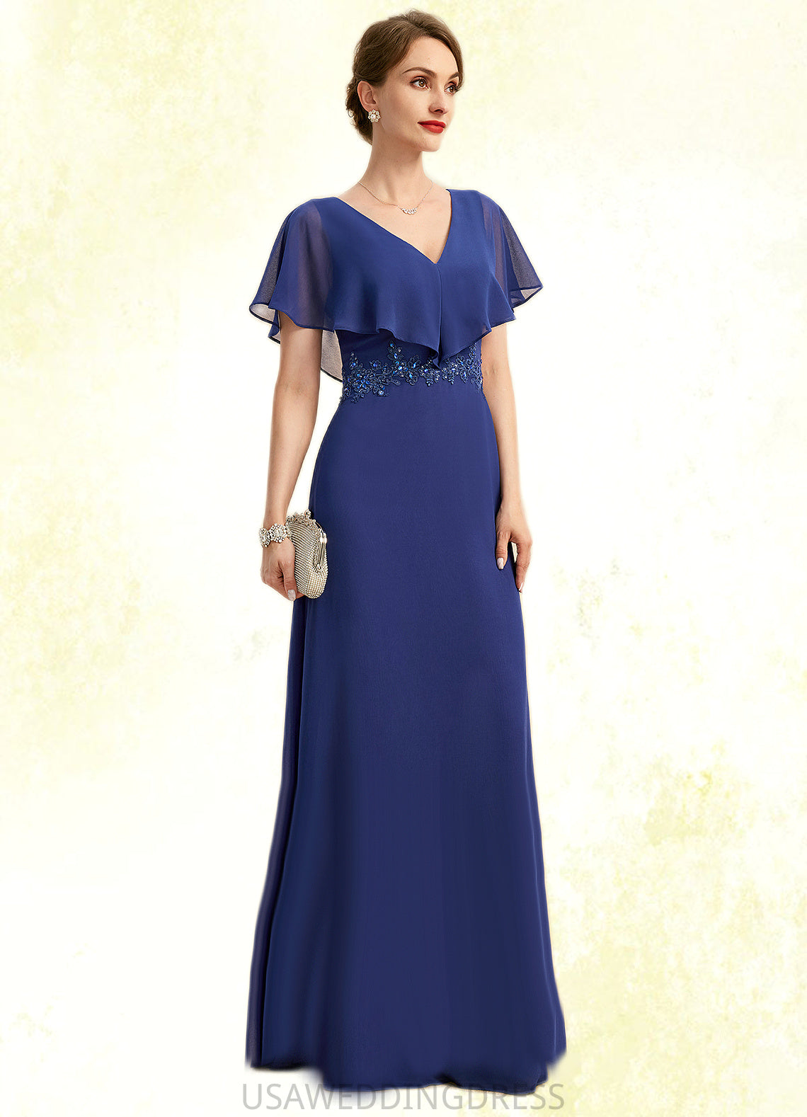 Kinsley A-line V-Neck Floor-Length Chiffon Mother of the Bride Dress With Beading Appliques Lace Sequins DS126P0021829