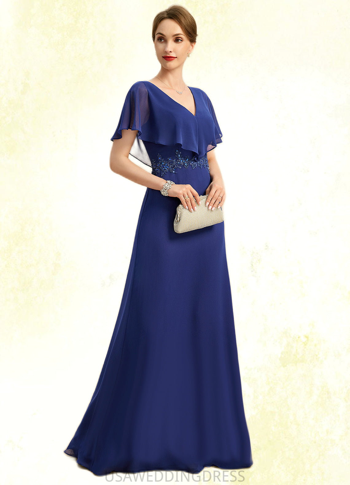 Kinsley A-line V-Neck Floor-Length Chiffon Mother of the Bride Dress With Beading Appliques Lace Sequins DS126P0021829