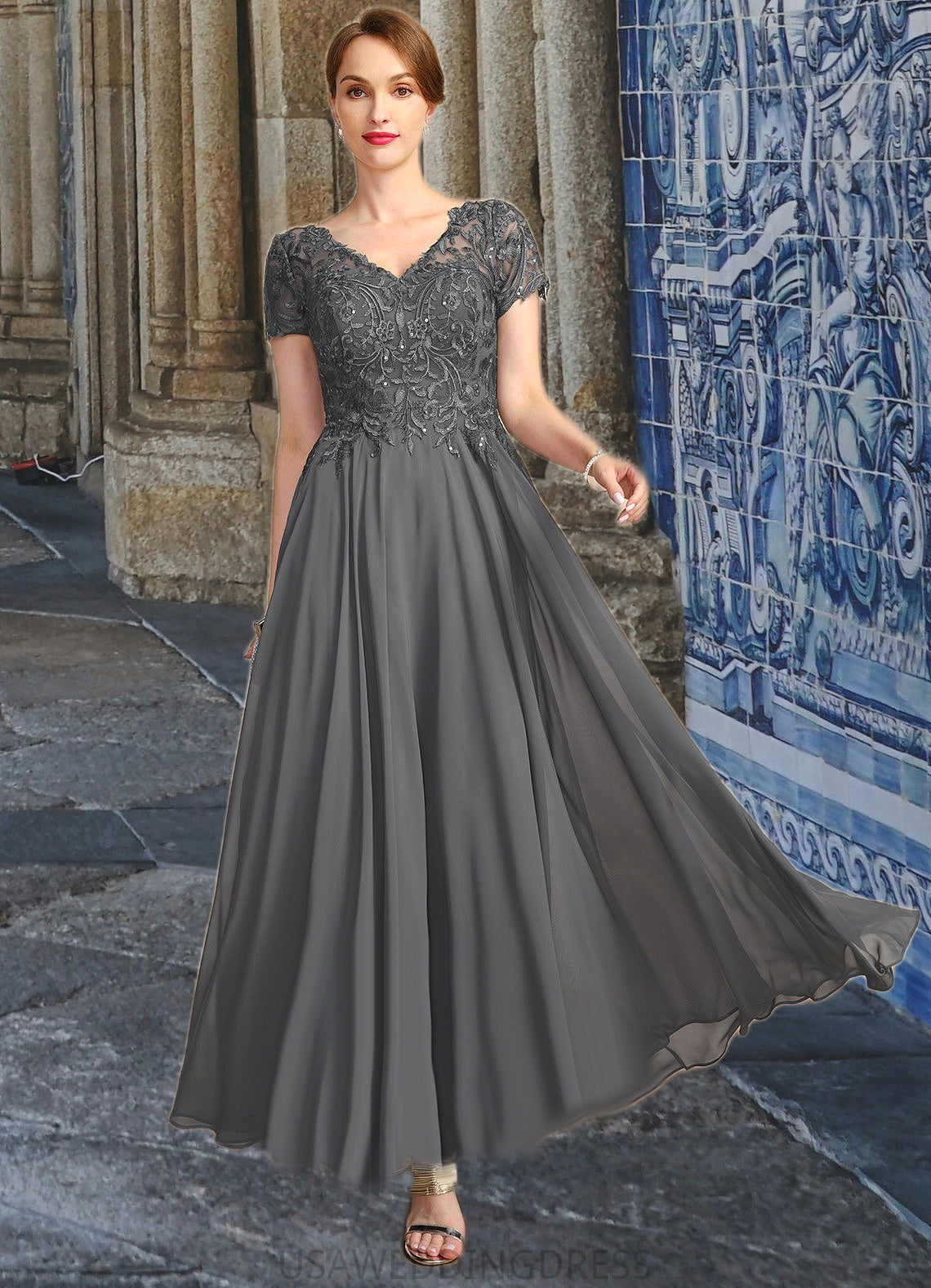 Helena A-line V-Neck Illusion Ankle-Length Chiffon Lace Mother of the Bride Dress With Sequins DS126P0021830