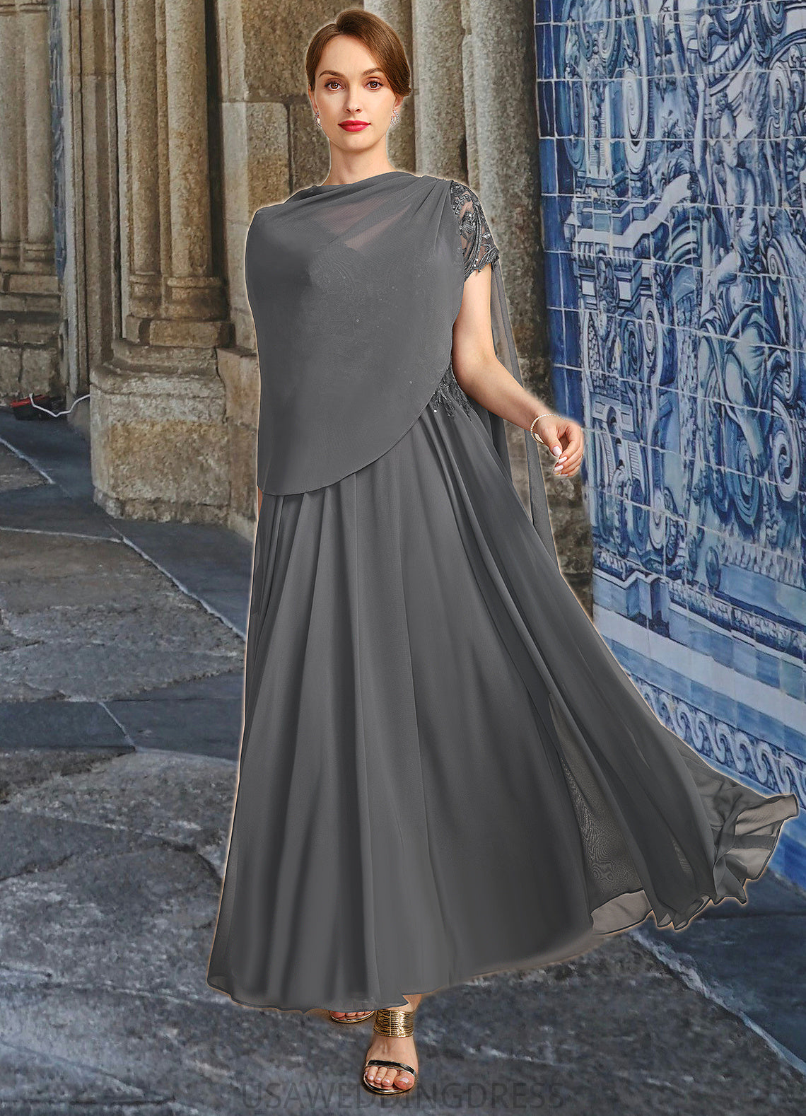 Helena A-line V-Neck Illusion Ankle-Length Chiffon Lace Mother of the Bride Dress With Sequins DS126P0021830