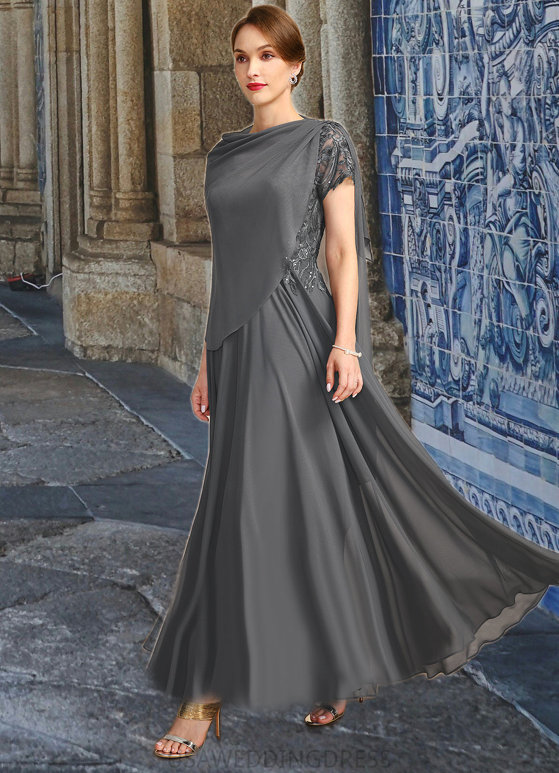 Helena A-line V-Neck Illusion Ankle-Length Chiffon Lace Mother of the Bride Dress With Sequins DS126P0021830