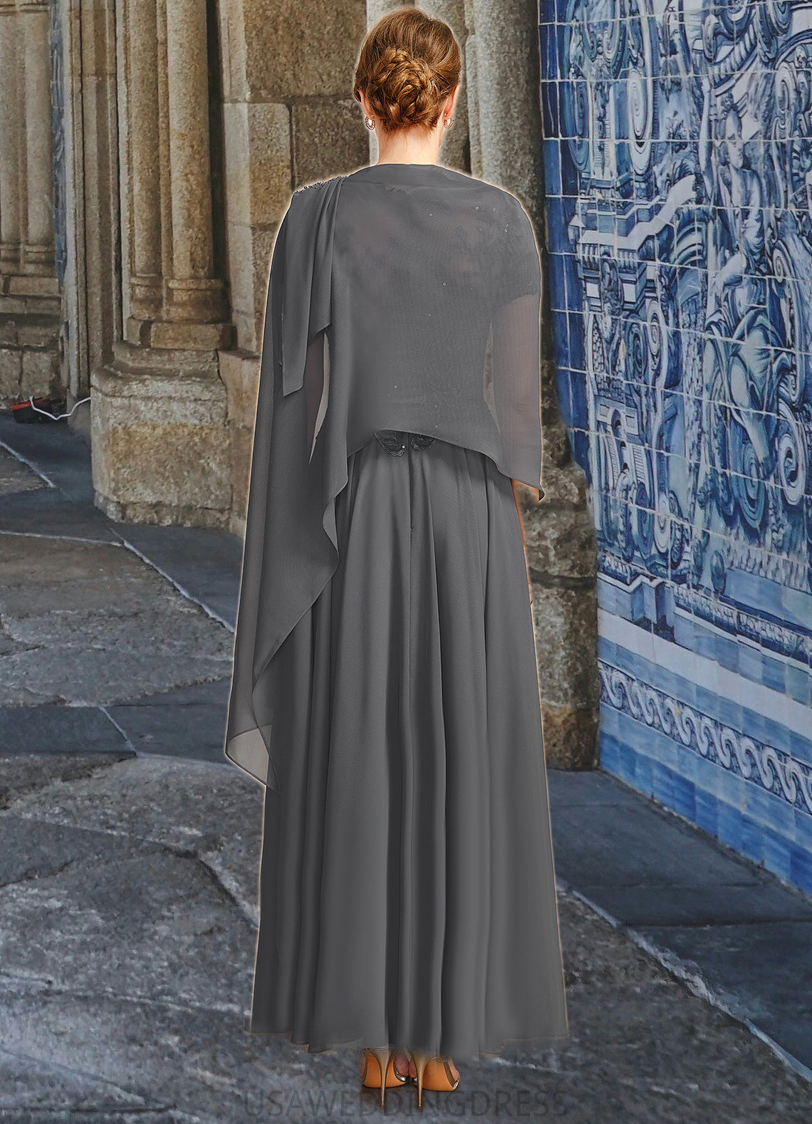 Helena A-line V-Neck Illusion Ankle-Length Chiffon Lace Mother of the Bride Dress With Sequins DS126P0021830