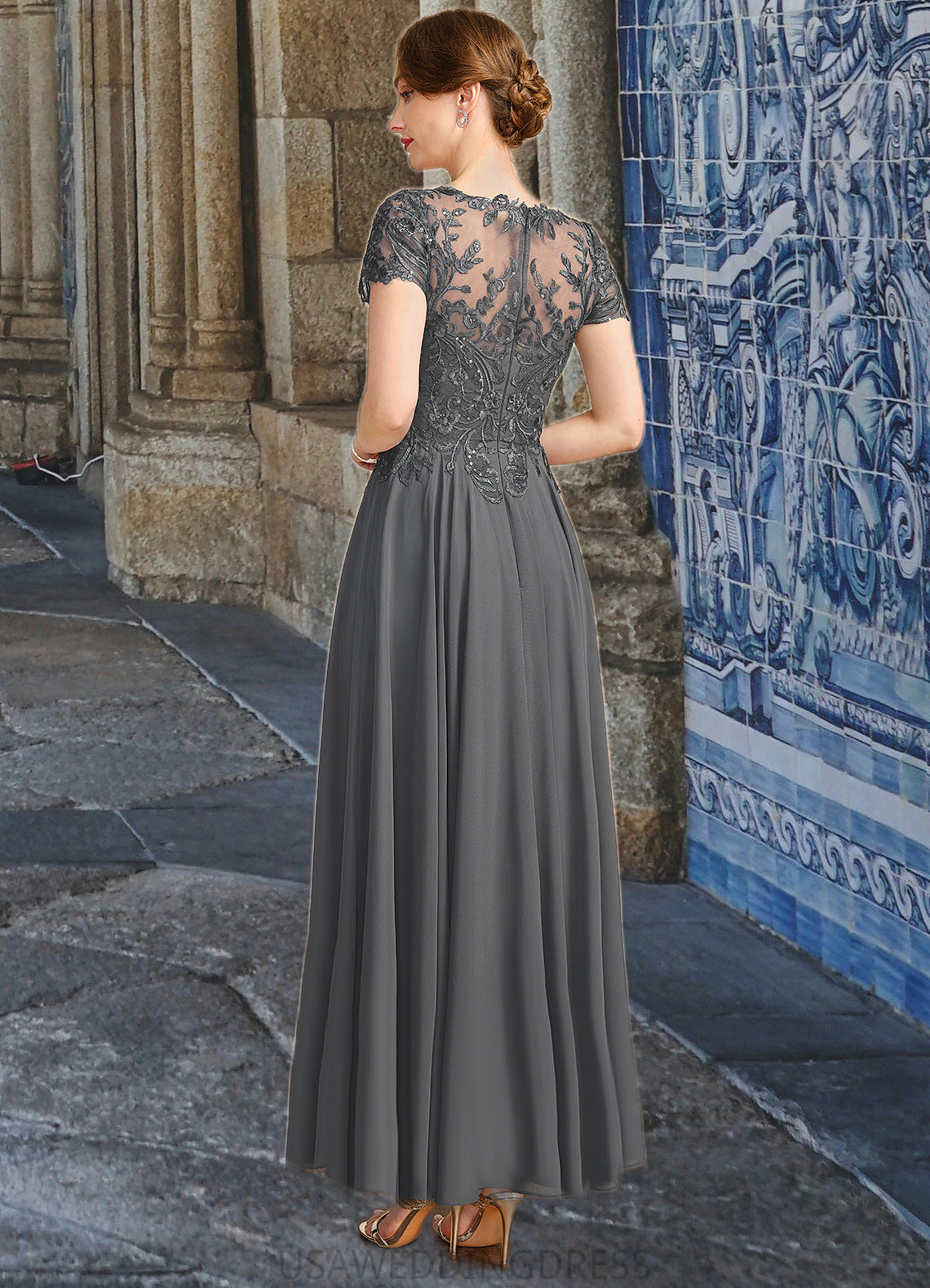 Helena A-line V-Neck Illusion Ankle-Length Chiffon Lace Mother of the Bride Dress With Sequins DS126P0021830