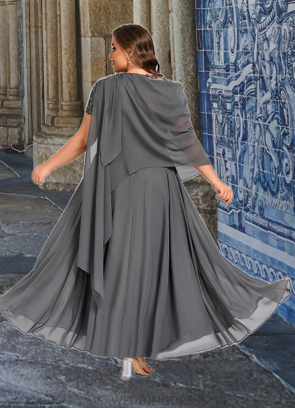 Helena A-line V-Neck Illusion Ankle-Length Chiffon Lace Mother of the Bride Dress With Sequins DS126P0021830