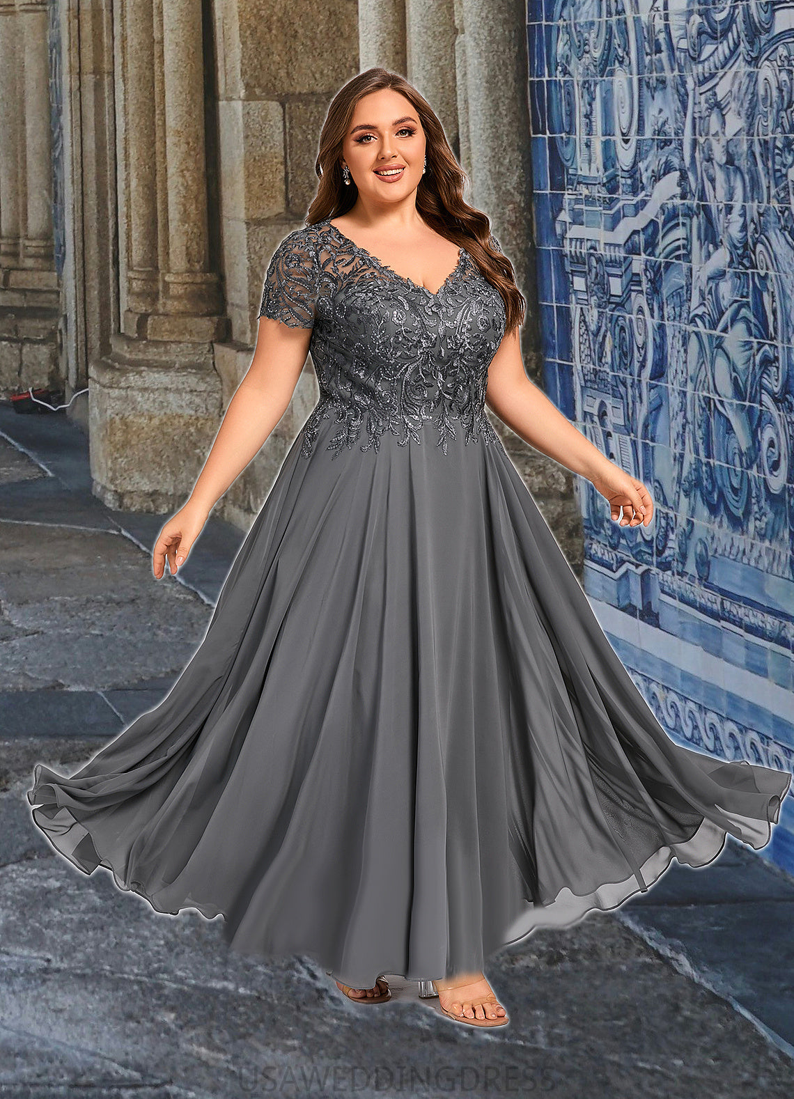 Helena A-line V-Neck Illusion Ankle-Length Chiffon Lace Mother of the Bride Dress With Sequins DS126P0021830